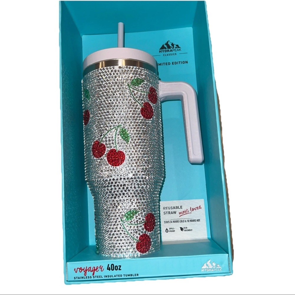 Hydrapeak Silver BLING 40oz LIMITED EDITION Cherry Steel Tumbler Rhinestones